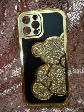 Gold Glitter Bear Phone Case for iPhone - Black & Gold